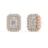 Angled view of rose gold Emerald Halo earrings displaying prong setup and surrounding diamonds adding seamless burst for all around allure with 2.39 CTW.