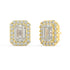 Angled view of yellow gold Emerald Halo earrings revealing prong setup and delicate halo adding seamless burst of fire for all around allure with 34 ethical stones from zero emission tech.