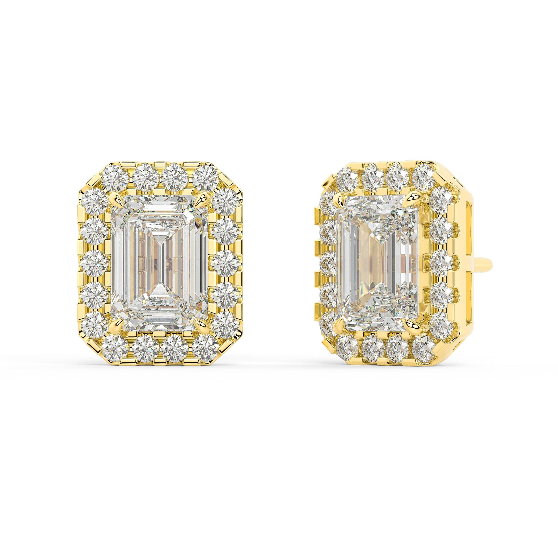 Angled view of yellow gold Emerald Halo earrings revealing prong setup and delicate halo adding seamless burst of fire for all around allure with 34 ethical stones from zero emission tech.