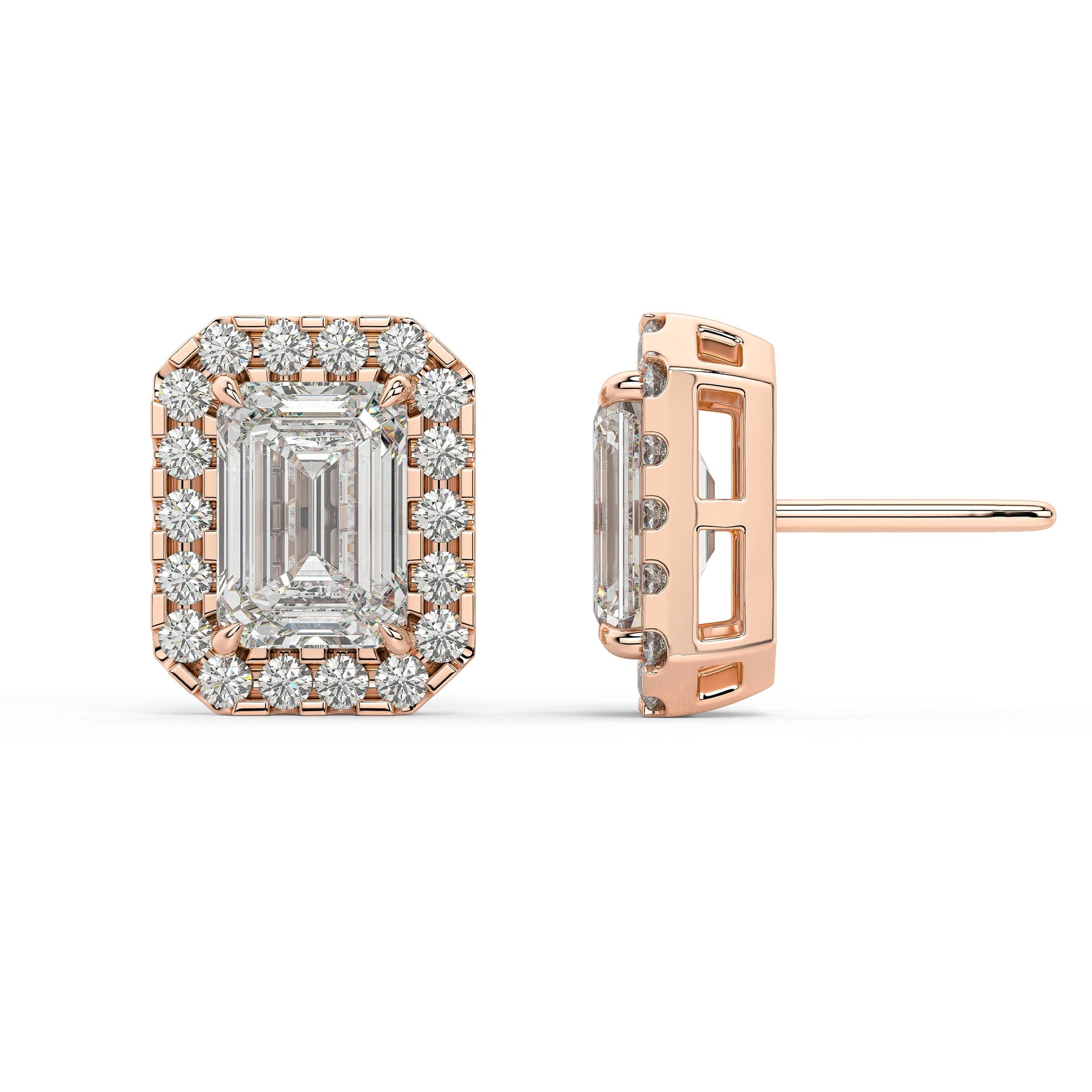 Side profile of rose gold Emerald Halo stud showing post length and 360 shimmer for vintage poise modern edge in daily sleek secure ultralight profile.