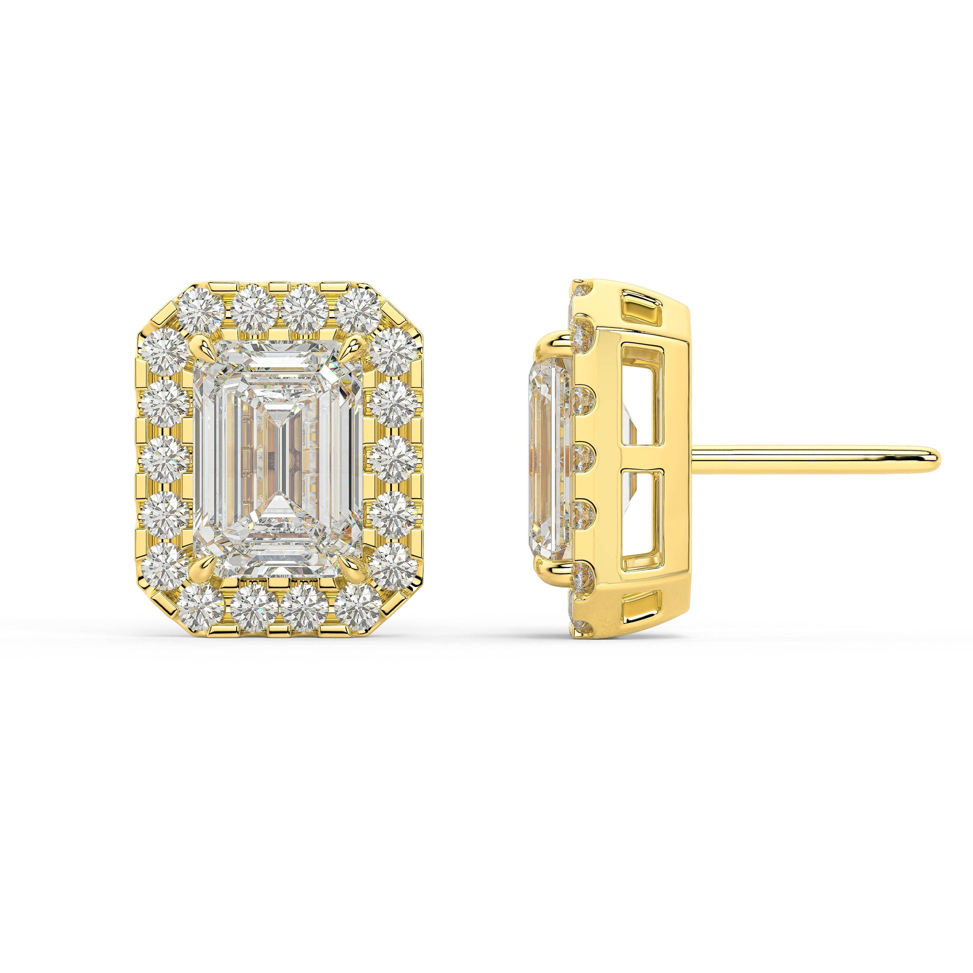 Side profile of yellow gold Emerald Halo stud displaying post length and 360 shimmer for bold visual scale in slim setup effortless for everyday with daily sleek secure comfort.