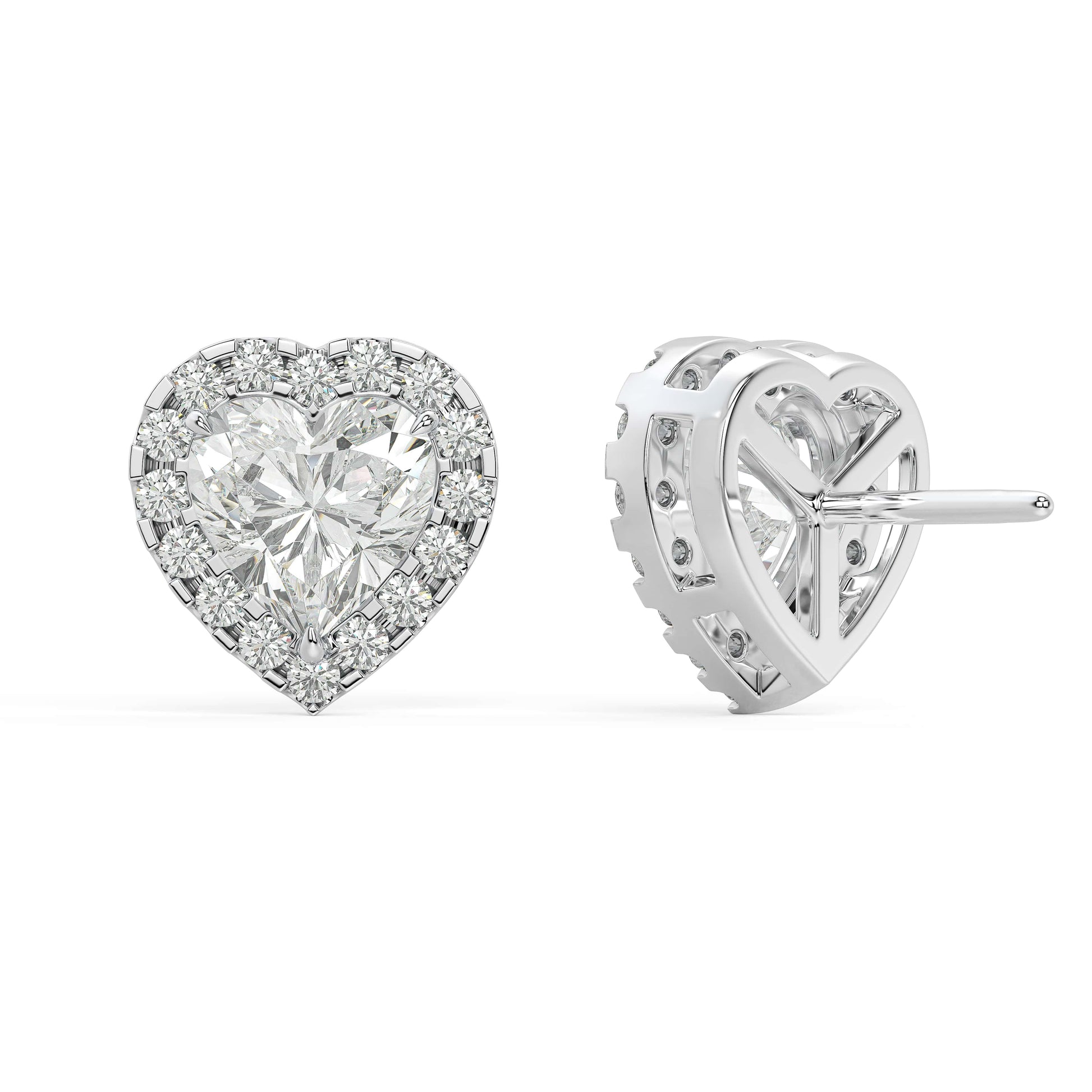 Back view of white gold Heart Halo earring highlighting double notch backs hypoallergenic feather light for secure comfort that shines forever in sustainable premium craft.