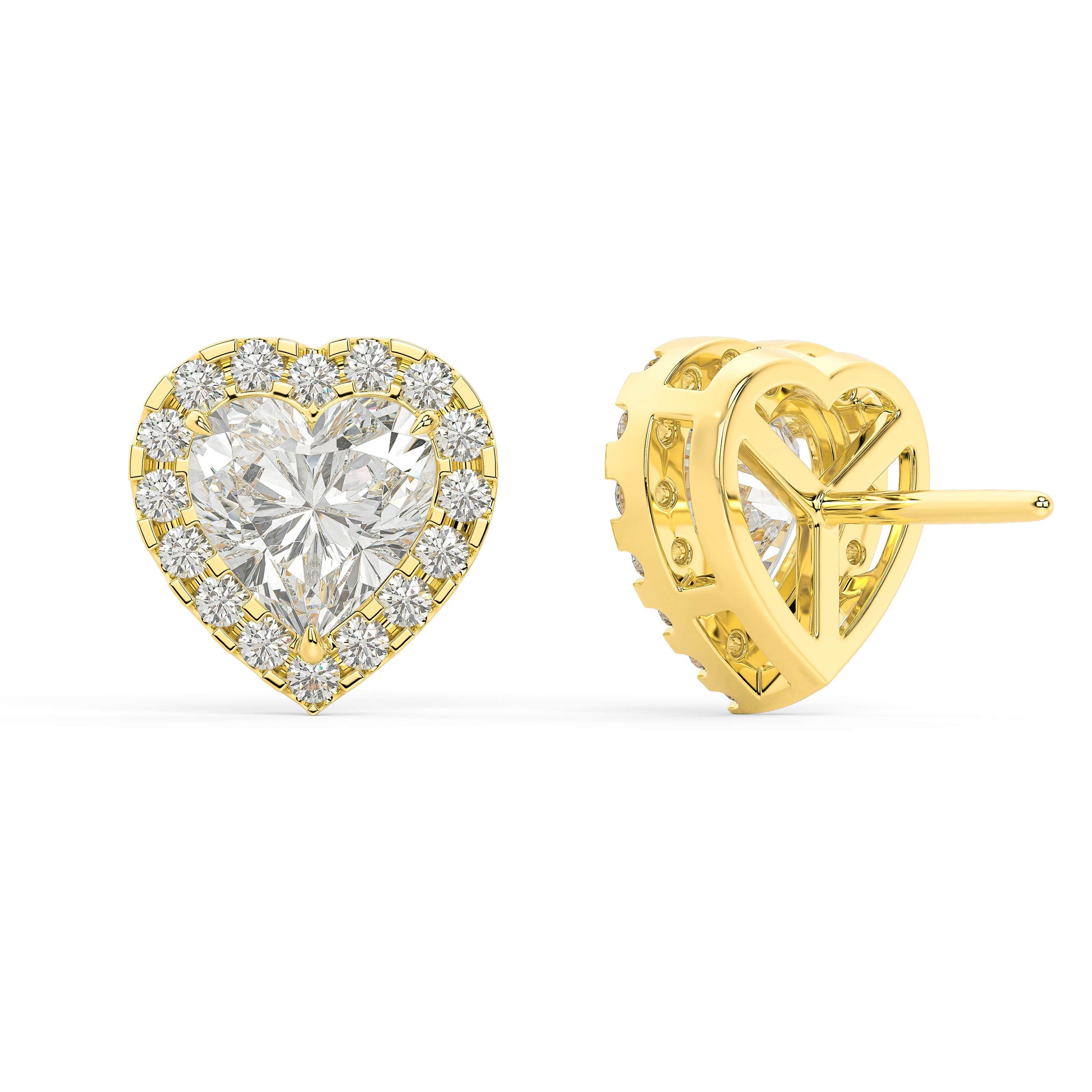 Back view of yellow gold Heart Halo earring with double notch backs ensuring comfortable daily secure ultralight profile offering endless wear and stability for planet-positive luxury.