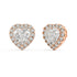 Angled view of rose gold Heart Halo earrings displaying three prong and halo for 34 eco diamonds ethical all-around shimmer without any compromise.