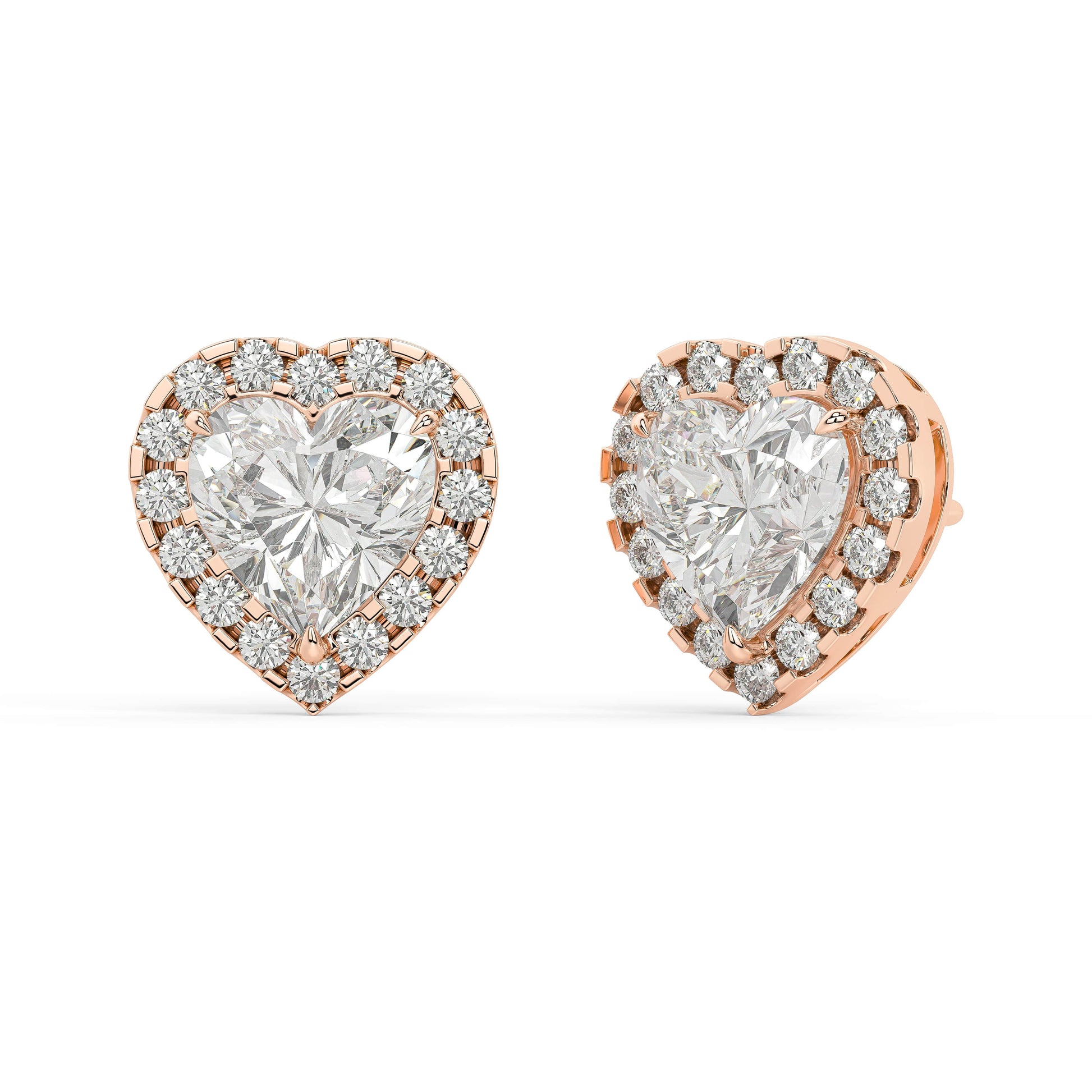 Angled view of rose gold Heart Halo earrings displaying three prong and halo for 34 eco diamonds ethical all-around shimmer without any compromise.