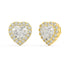 Angled view of yellow gold Heart Halo earrings revealing three prong setup and subtle halo embracing heart center for intimate bold design with larger visual impact sleek for daily wear.