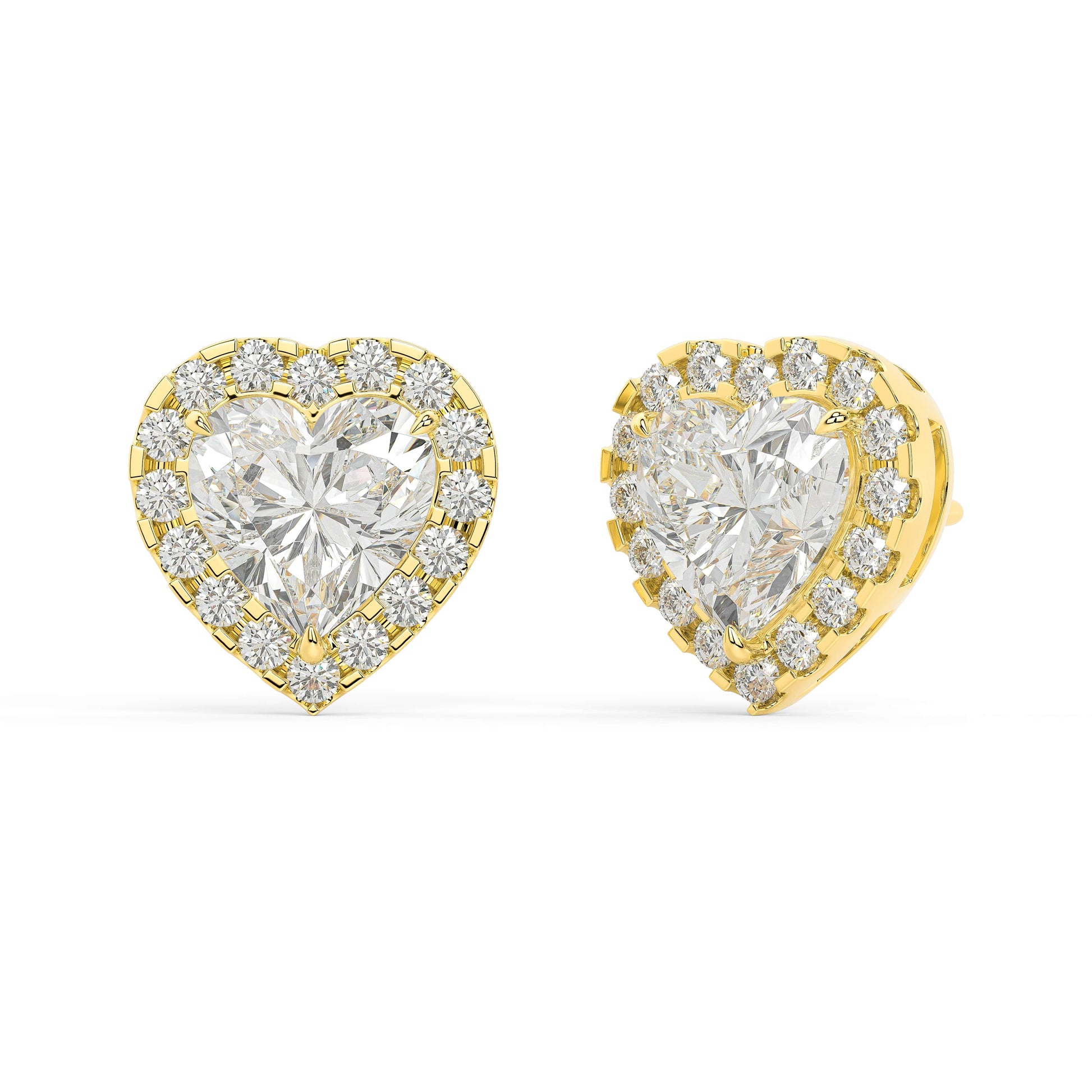 Angled view of yellow gold Heart Halo earrings revealing three prong setup and subtle halo embracing heart center for intimate bold design with larger visual impact sleek for daily wear.