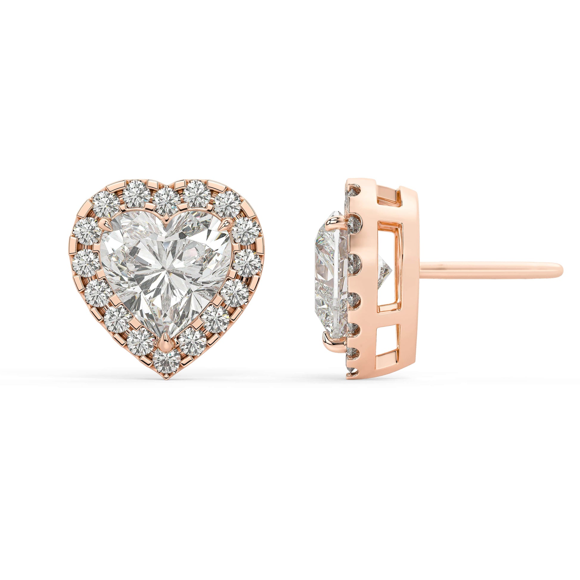 Side profile of rose gold Heart Halo stud showing post length and depth for larger visual impact sleek daily wear in low profile basket.
