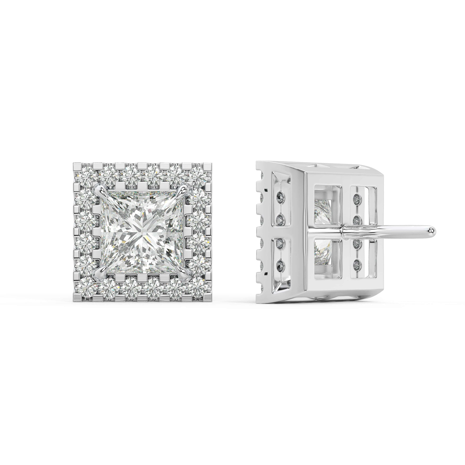 Back view of white gold Princess Halo earring highlighting double notch backs for effortless secure wear allergy proof and feather light.