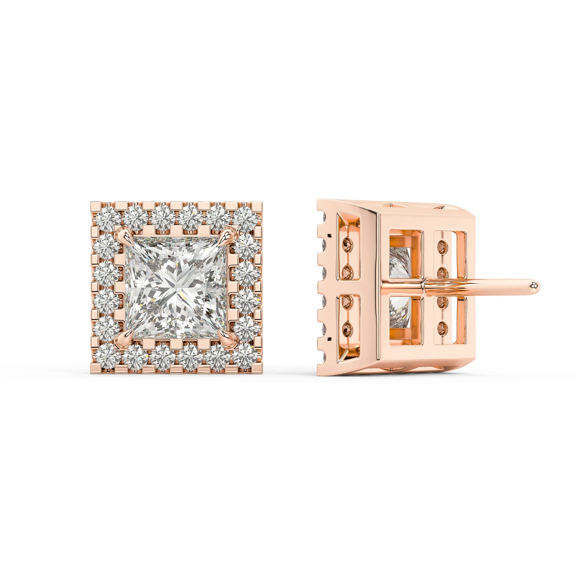 Back view of rose gold Princess Halo earring with double notch backs ensuring daily comfort hold for zero emission high end gems.