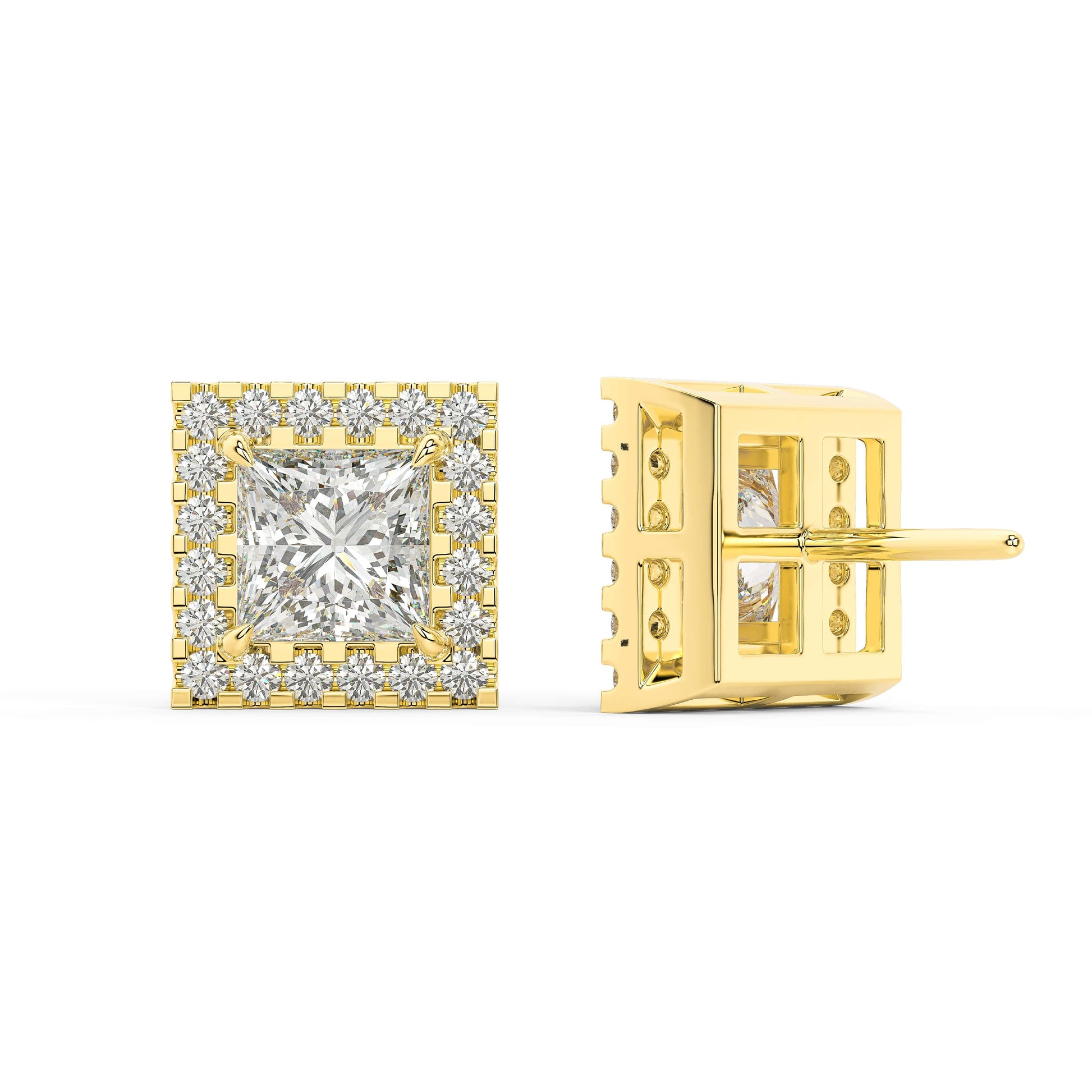 Back view of yellow gold Princess Halo earring with double notch backs keeping everything locked comfy for zero emission excellence in daily wear.