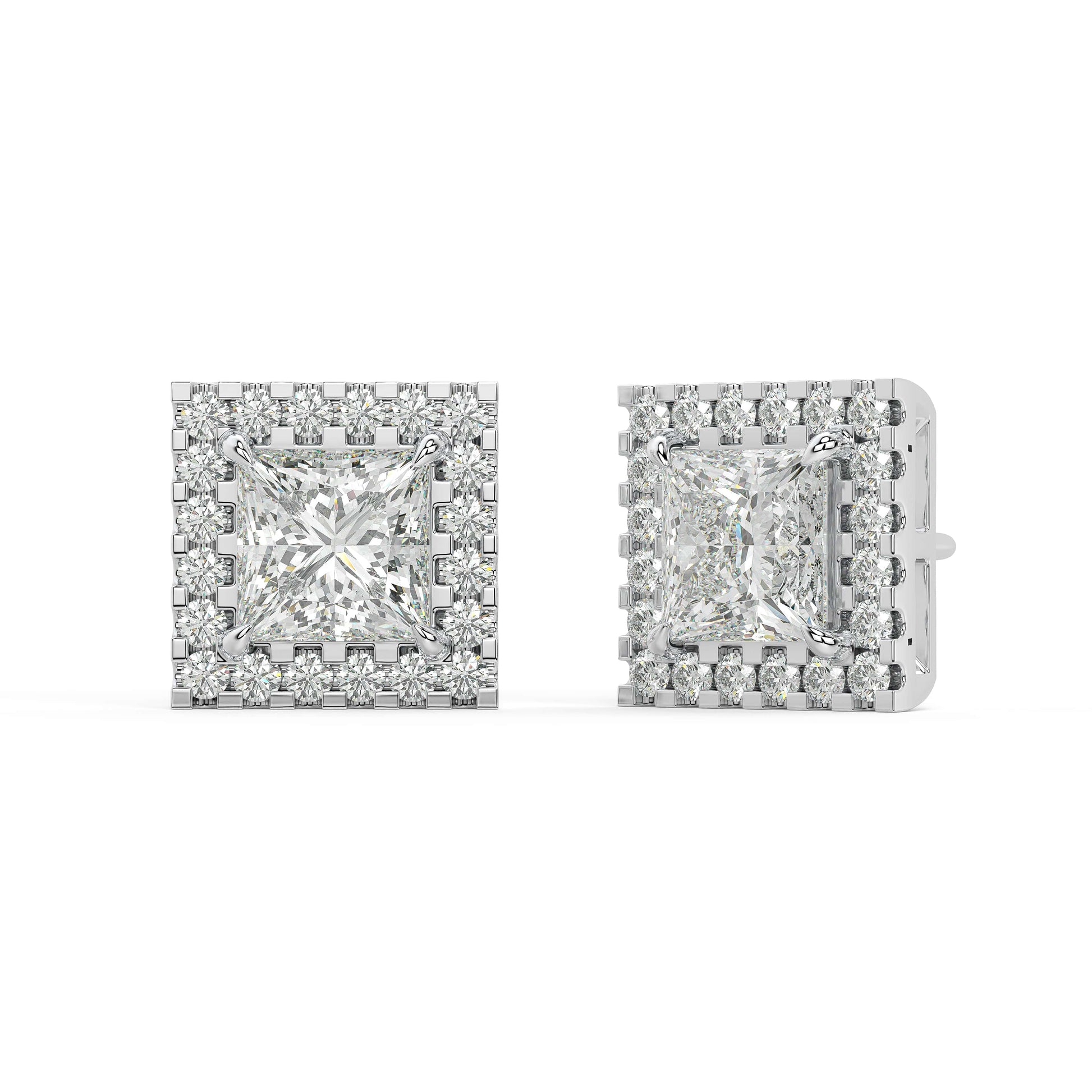 Angled view of white gold Princess Halo earrings showing prong hold and halo with 2.39 CTW lab grown diamonds from clean zero emission labs.