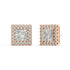 Angled view of rose gold Princess Halo earrings displaying four prong and halo depth with VS plus clarity DEF color 34 ethical diamonds.