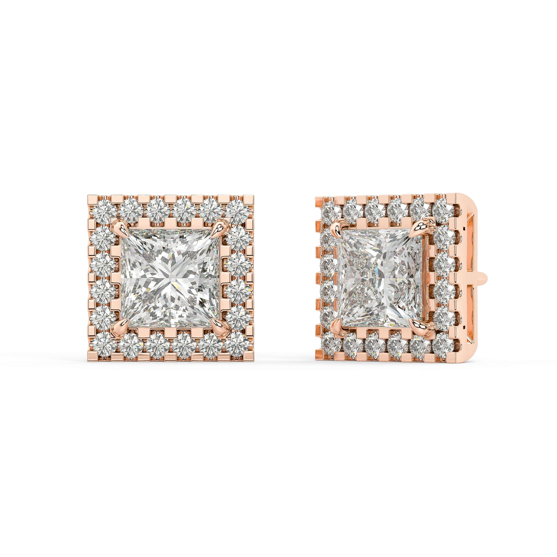 Angled view of rose gold Princess Halo earrings displaying four prong and halo depth with VS plus clarity DEF color 34 ethical diamonds.