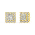 Angled view of yellow gold Princess Halo earrings revealing four prong setup and sparkling halo elevating presence with unstoppable glow for trailblazers claiming spotlight.