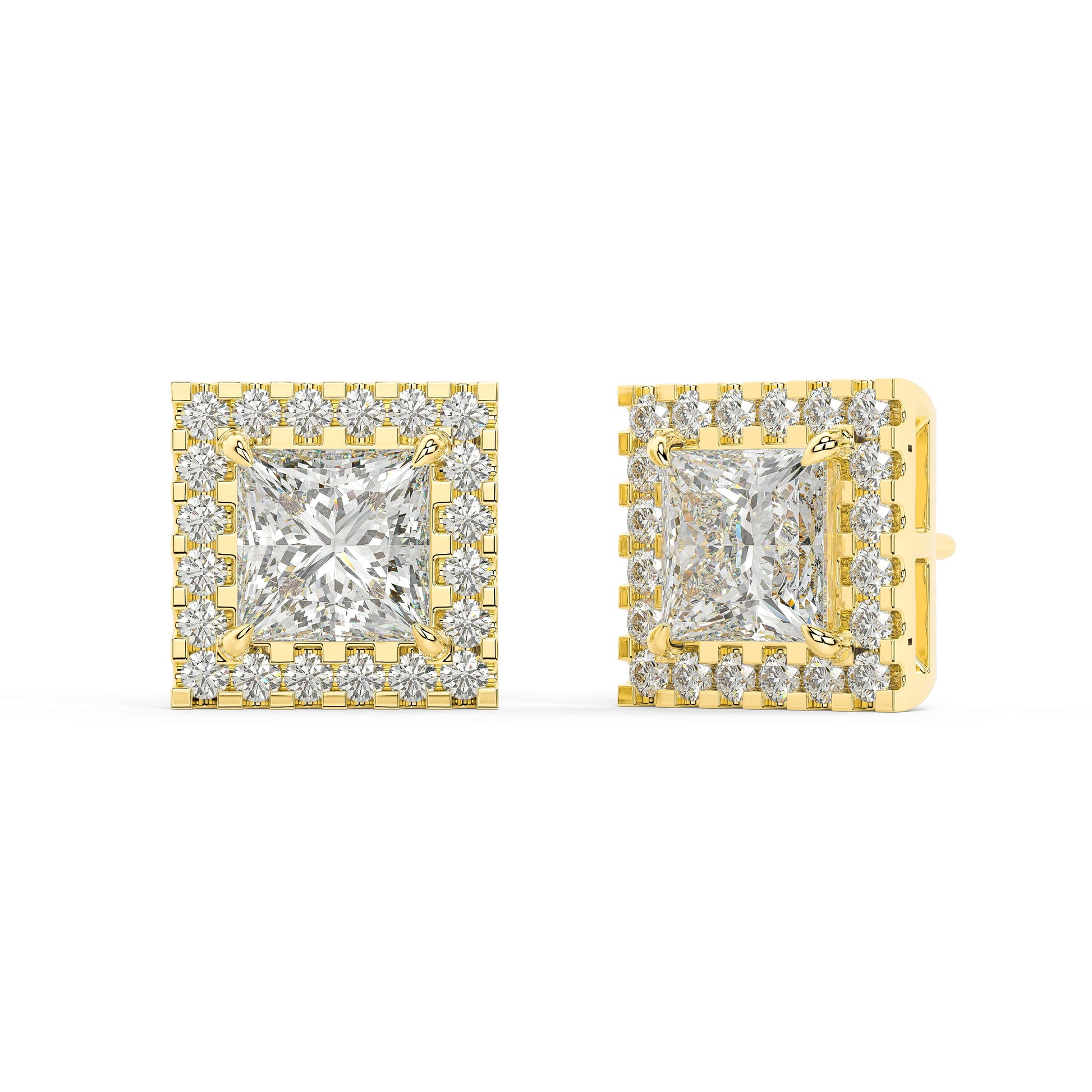 Angled view of yellow gold Princess Halo earrings revealing four prong setup and sparkling halo elevating presence with unstoppable glow for trailblazers claiming spotlight.