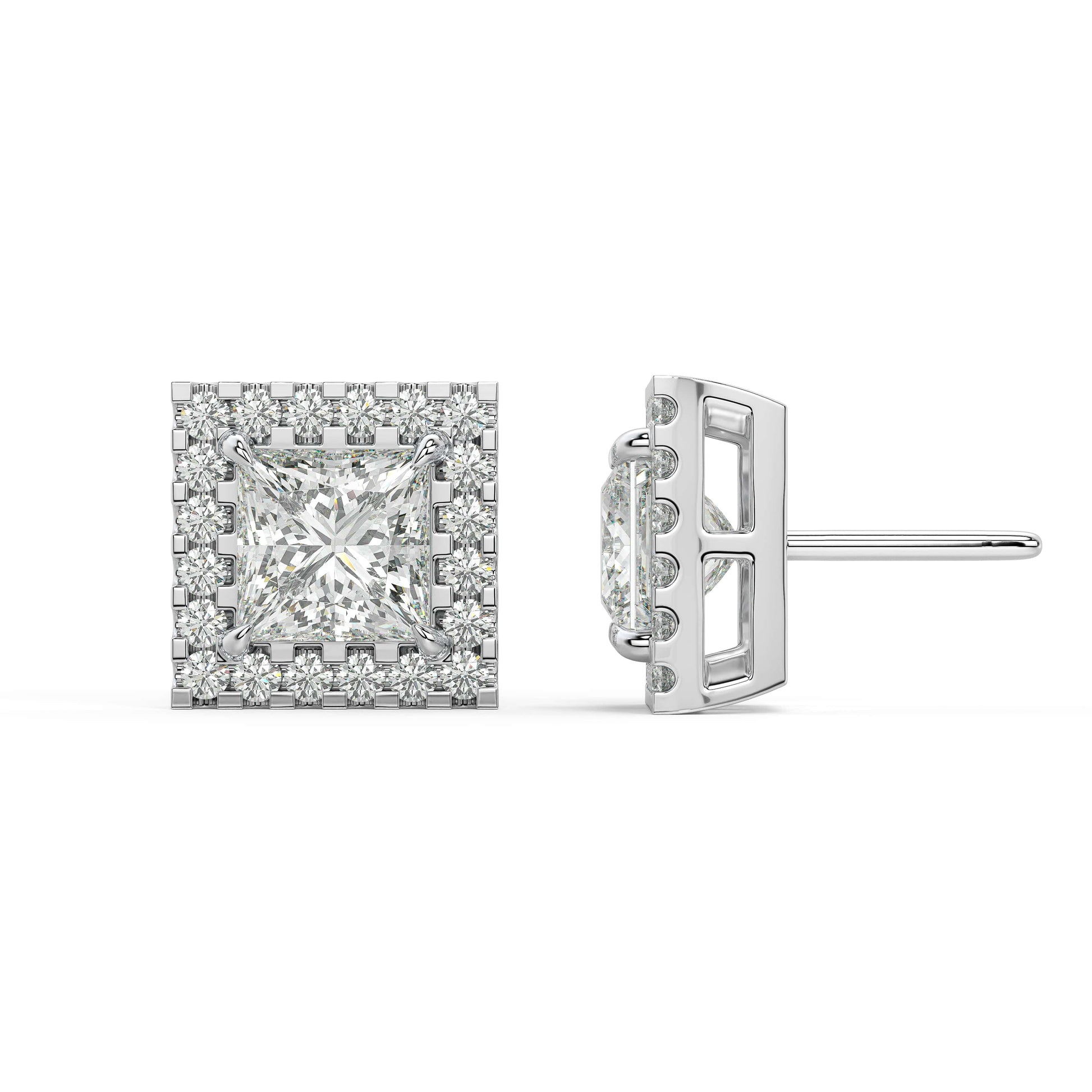 Side profile of white gold Princess Halo stud illustrating post and shine for slim easy nonstop wear in low profile basket.