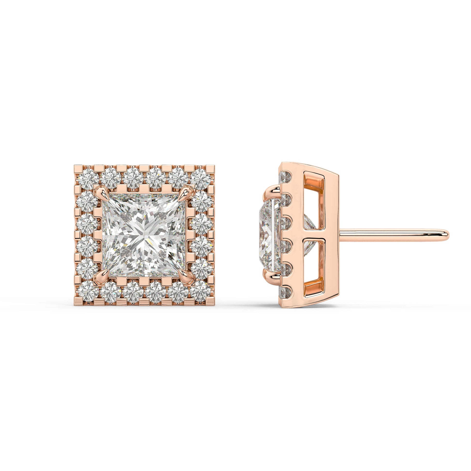 Side profile of rose gold Princess Halo stud showing post length and shine from all sides for amp up routine in fierce refined shine.