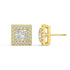 Side profile of yellow gold Princess Halo stud displaying post length and halo shine from all sides with 34 ethical diamonds building depth sustainably.