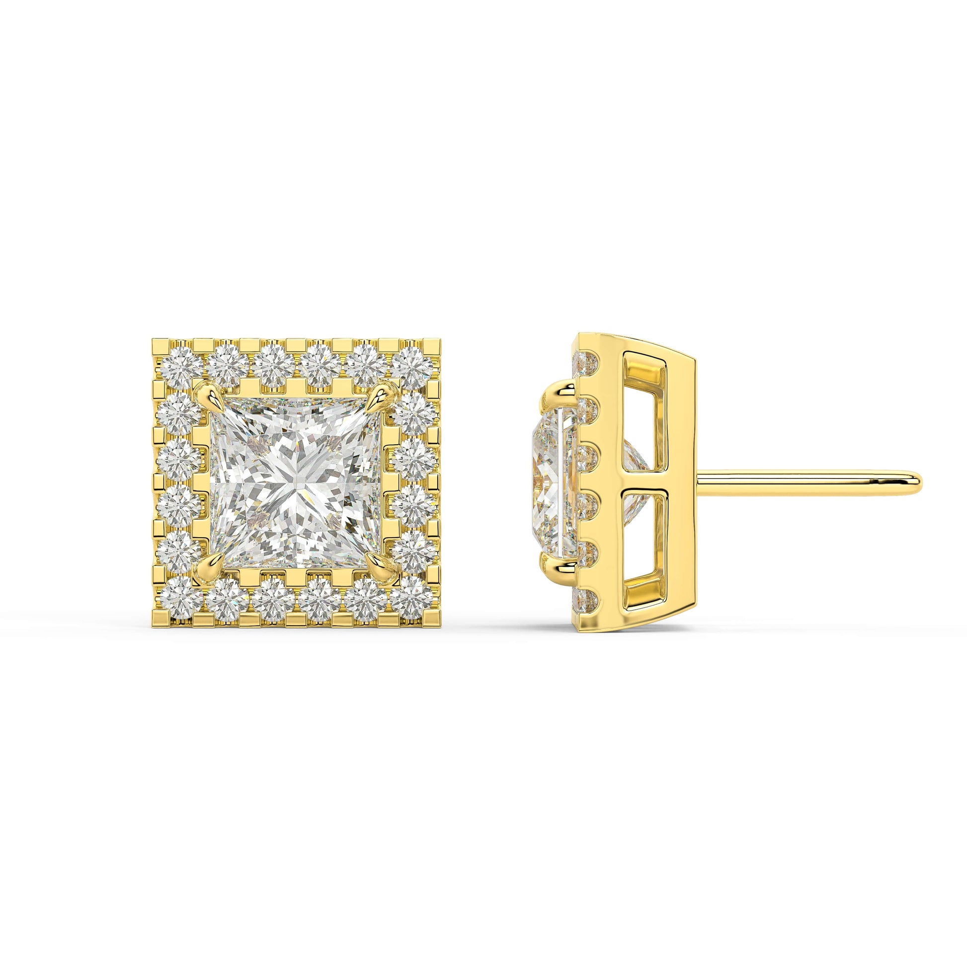 Side profile of yellow gold Princess Halo stud displaying post length and halo shine from all sides with 34 ethical diamonds building depth sustainably.