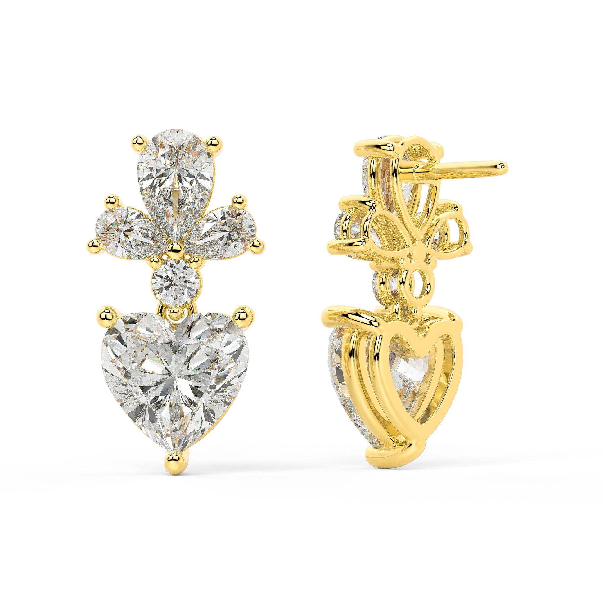 Back view of yellow gold Diamore Earrings with double notch backs ensuring secure fit for statement of love and luxury from boardroom to evening glow.