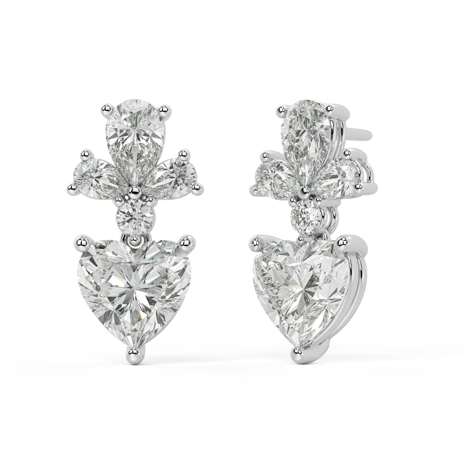 Angled view of white gold Diamore Earrings revealing 10 lab grown diamonds with VS plus clarity DEF color for balanced bold visual scale and low profile.