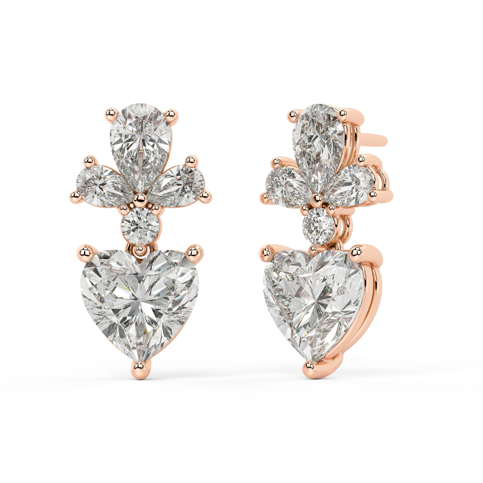 Angled view of rose gold Diamore Earrings showing prong settings and 10 lab grown diamonds for striking impact and comfortable bold wear.