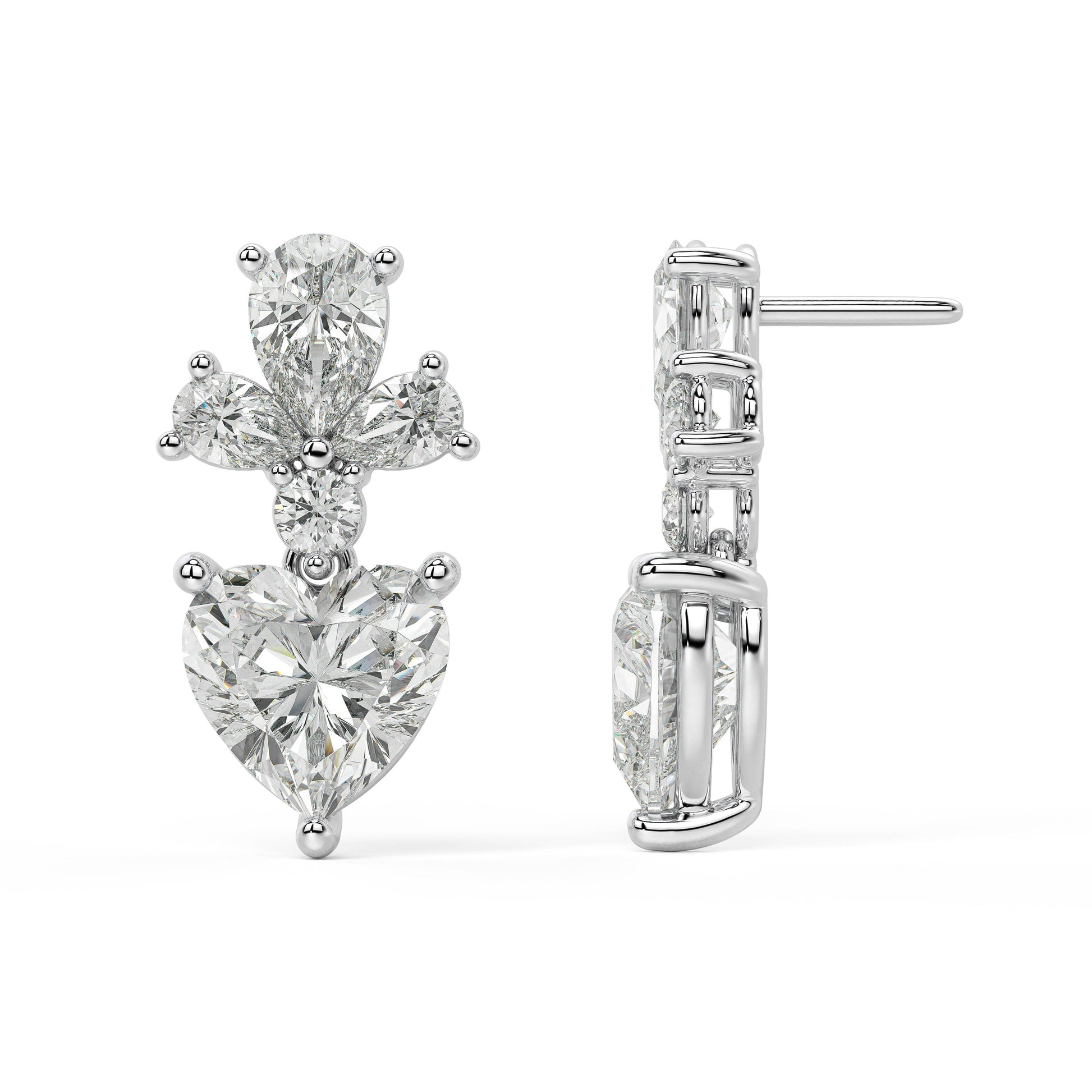 Side profile of white gold Diamore Earrings illustrating post and sculptural floral arrangement for hypoallergenic ultralight secure wear all day.