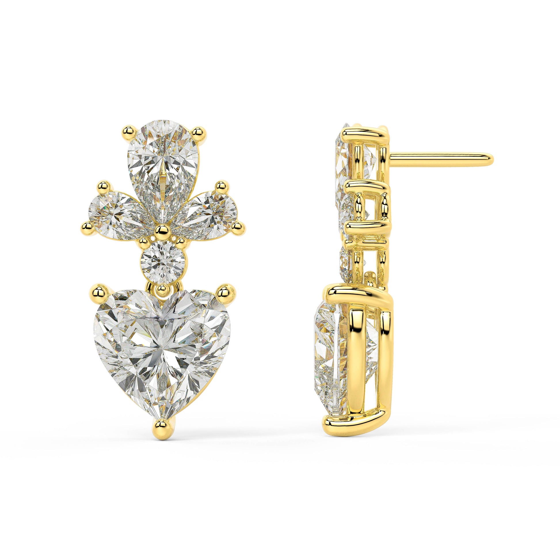 Side profile of yellow gold Diamore Earrings displaying post length and bold visual scale with low profile hypoallergenic ultralight design for all day empowerment.