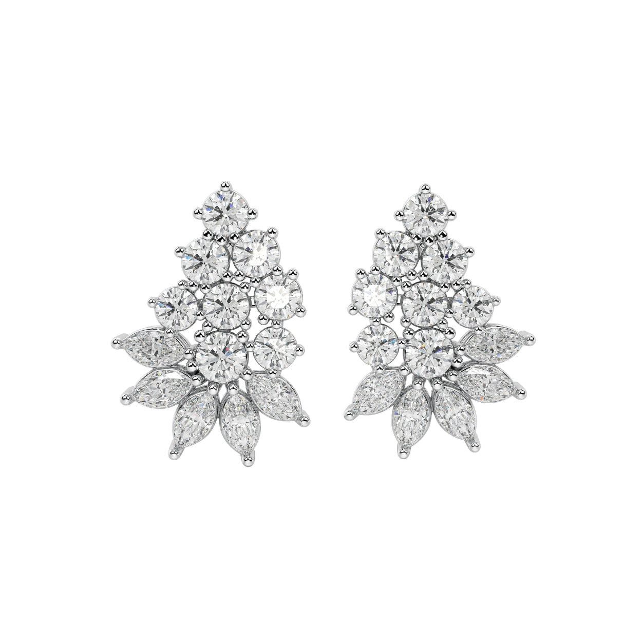 White gold marquise and round diamond cluster stud earrings front view pair, lab grown sparkling floral tiered design, elegant white gold diamond earrings