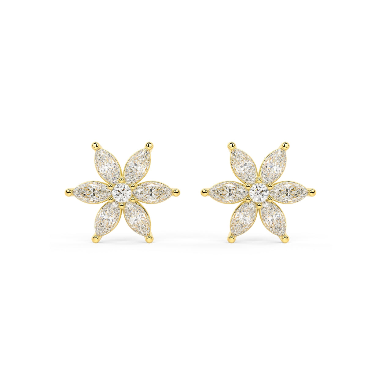Yellow gold marquise diamond flower stud earrings front view pair, lab grown six-petal floral cluster with central round brilliant, luxury women's diamond jewelry