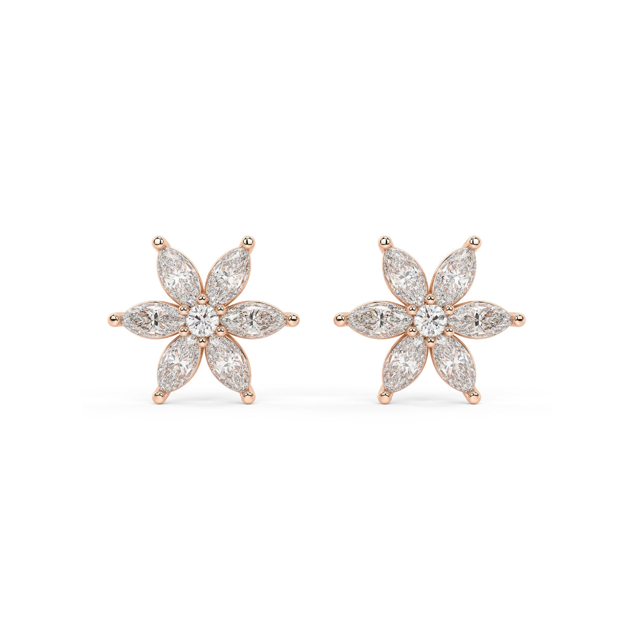 Rose gold marquise diamond flower stud earrings front view pair, lab grown six-petaled floral cluster with central brilliant, romantic rose gold diamond earrings