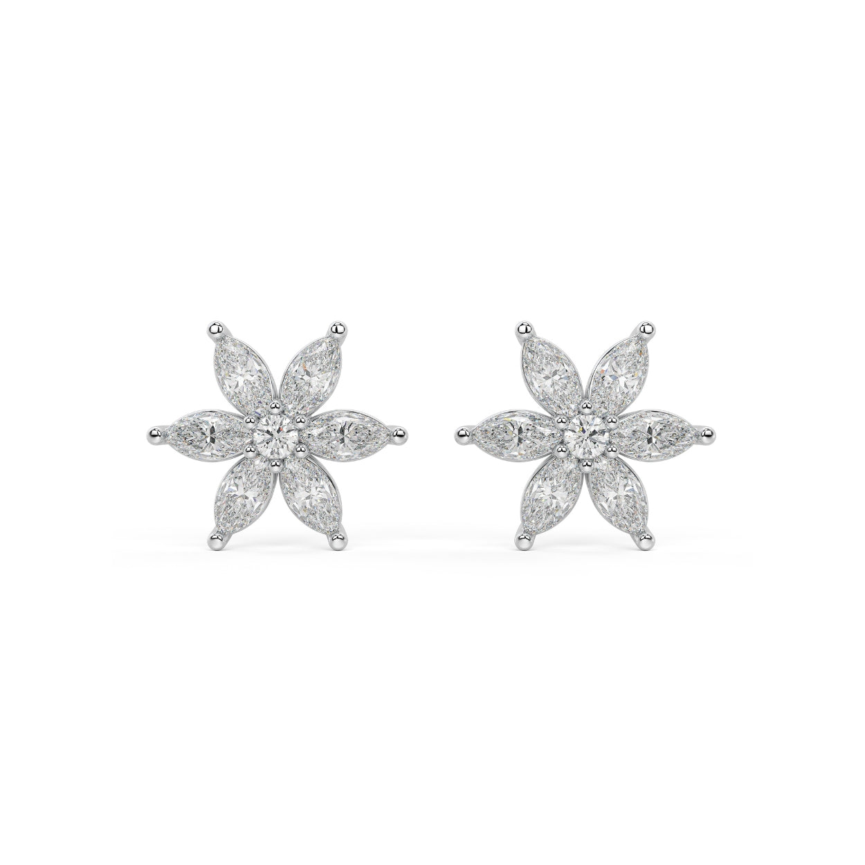 White gold marquise diamond flower stud earrings front view pair, lab grown six-petaled floral cluster with brilliant center, elegant white gold diamond earrings