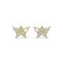 Yellow gold round diamond halo stud earrings front view pair, lab grown central brilliant with sparkling accent halo, luxury classic women's diamond jewelry