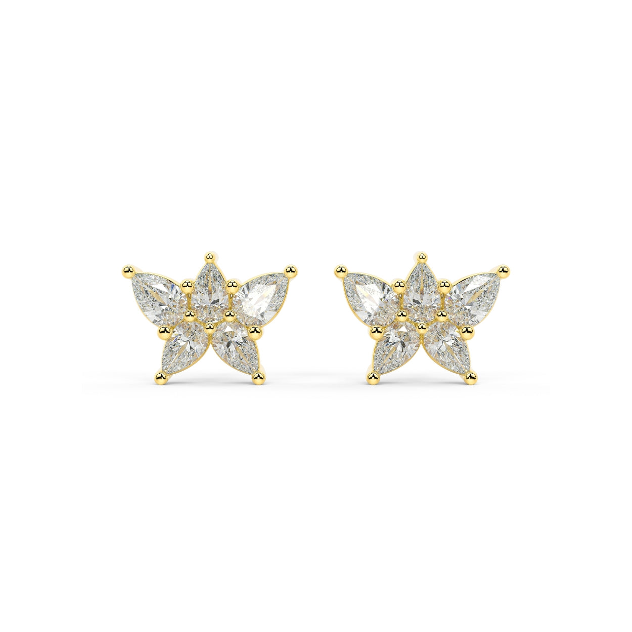 Yellow gold round diamond halo stud earrings front view pair, lab grown central brilliant with sparkling accent halo, luxury classic women's diamond jewelry
