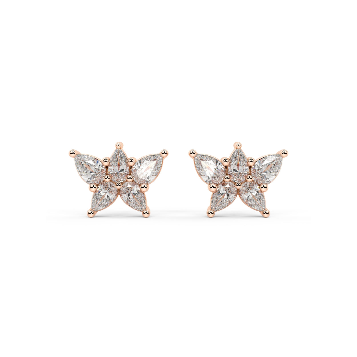 Rose gold round diamond halo stud earrings front view pair, lab grown central brilliant with sparkling halo accents, romantic rose gold diamond earrings
