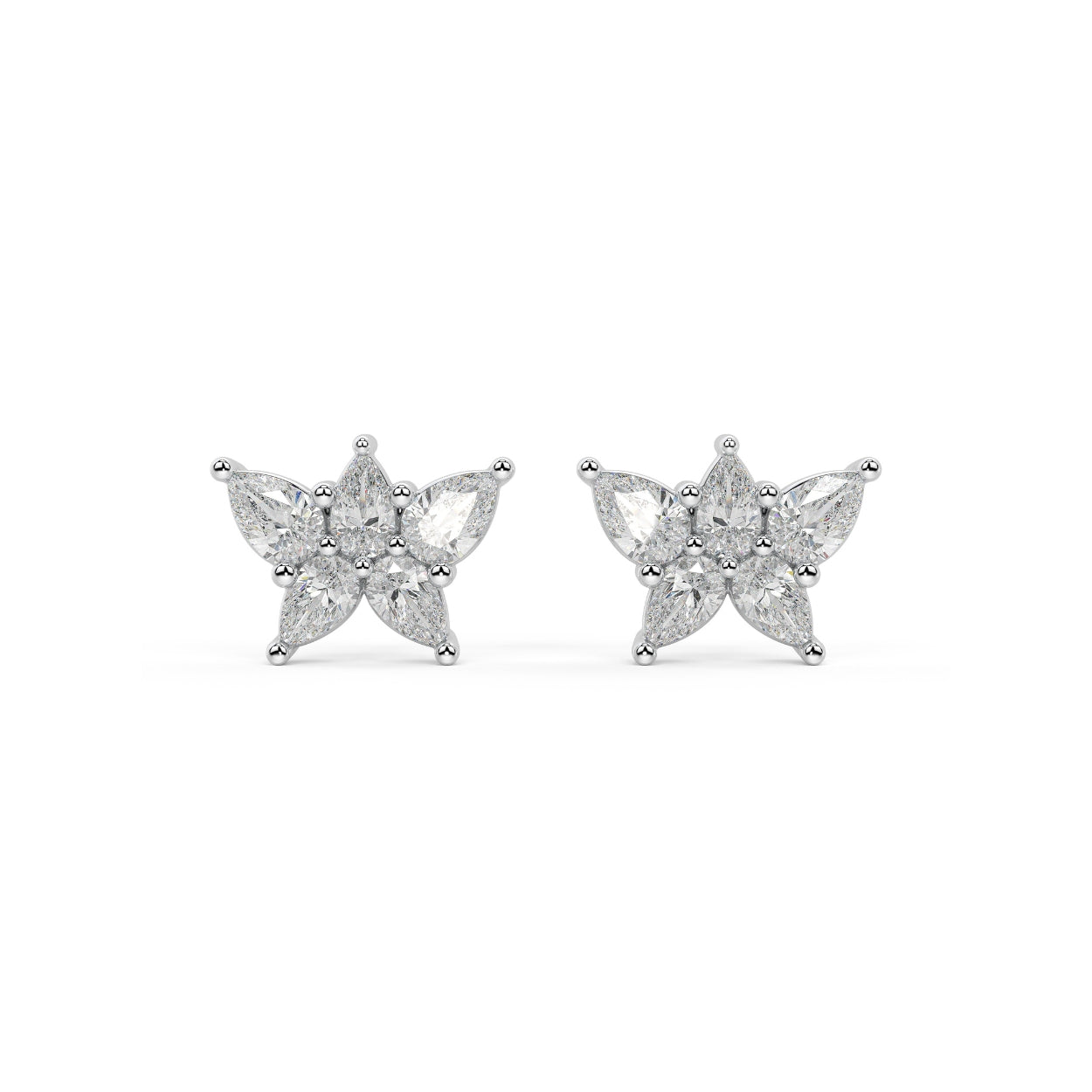 White gold round diamond halo stud earrings front view pair, lab grown brilliant center with full halo sparkle, elegant white gold diamond earrings