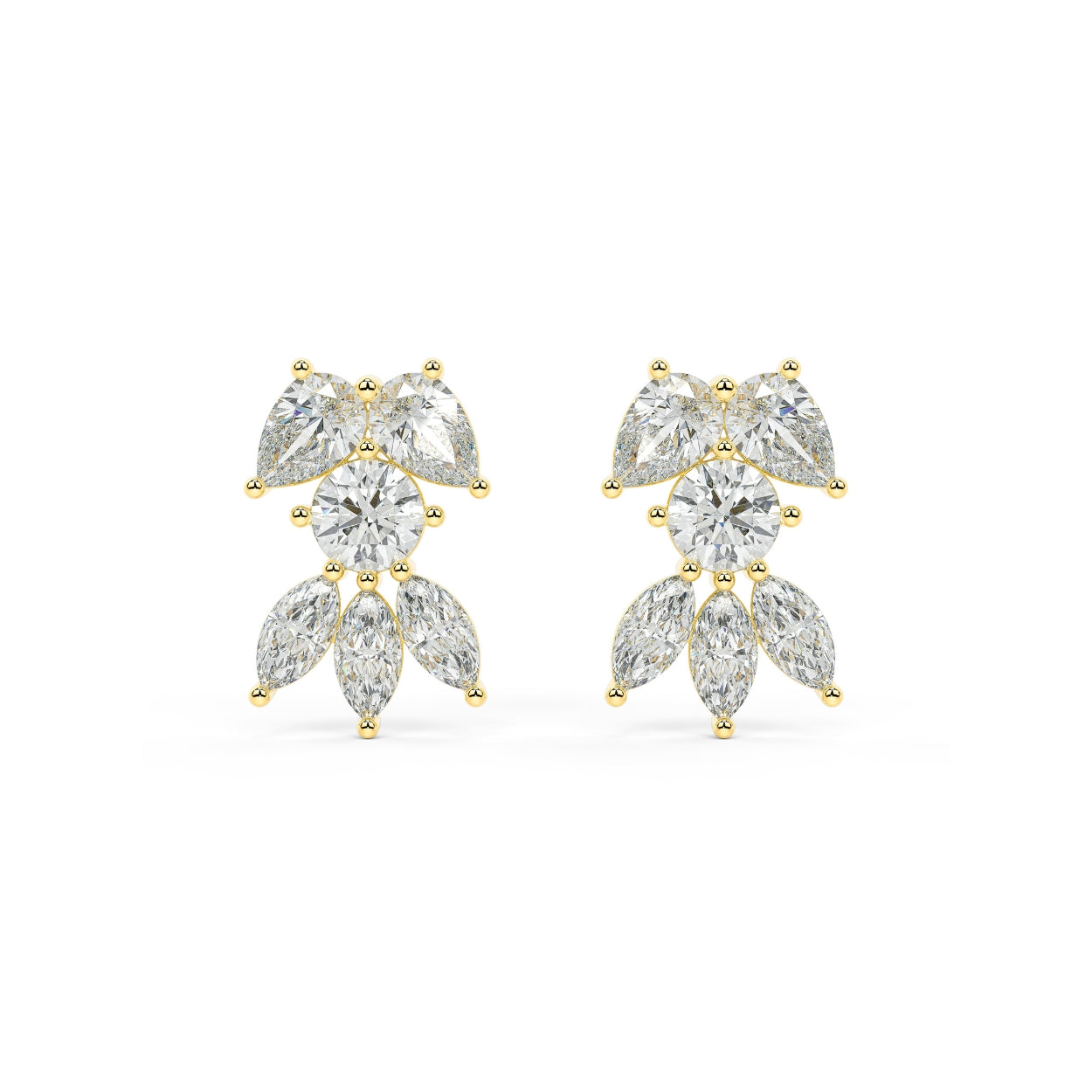 Yellow gold pear and round diamond cluster stud earrings front view pair, lab grown sparkling floral bow design with central round and pear petals, luxury women's diamond jewelry