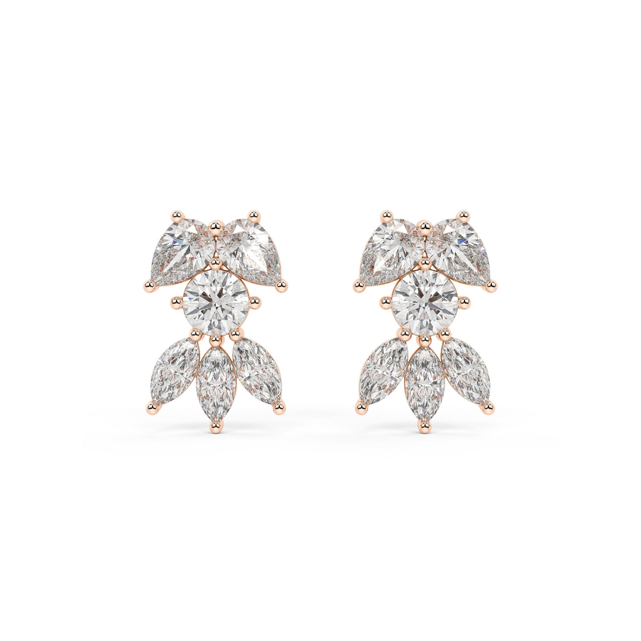 Rose gold pear and round diamond cluster stud earrings front view pair, lab grown cascading floral bow design, romantic rose gold diamond earrings