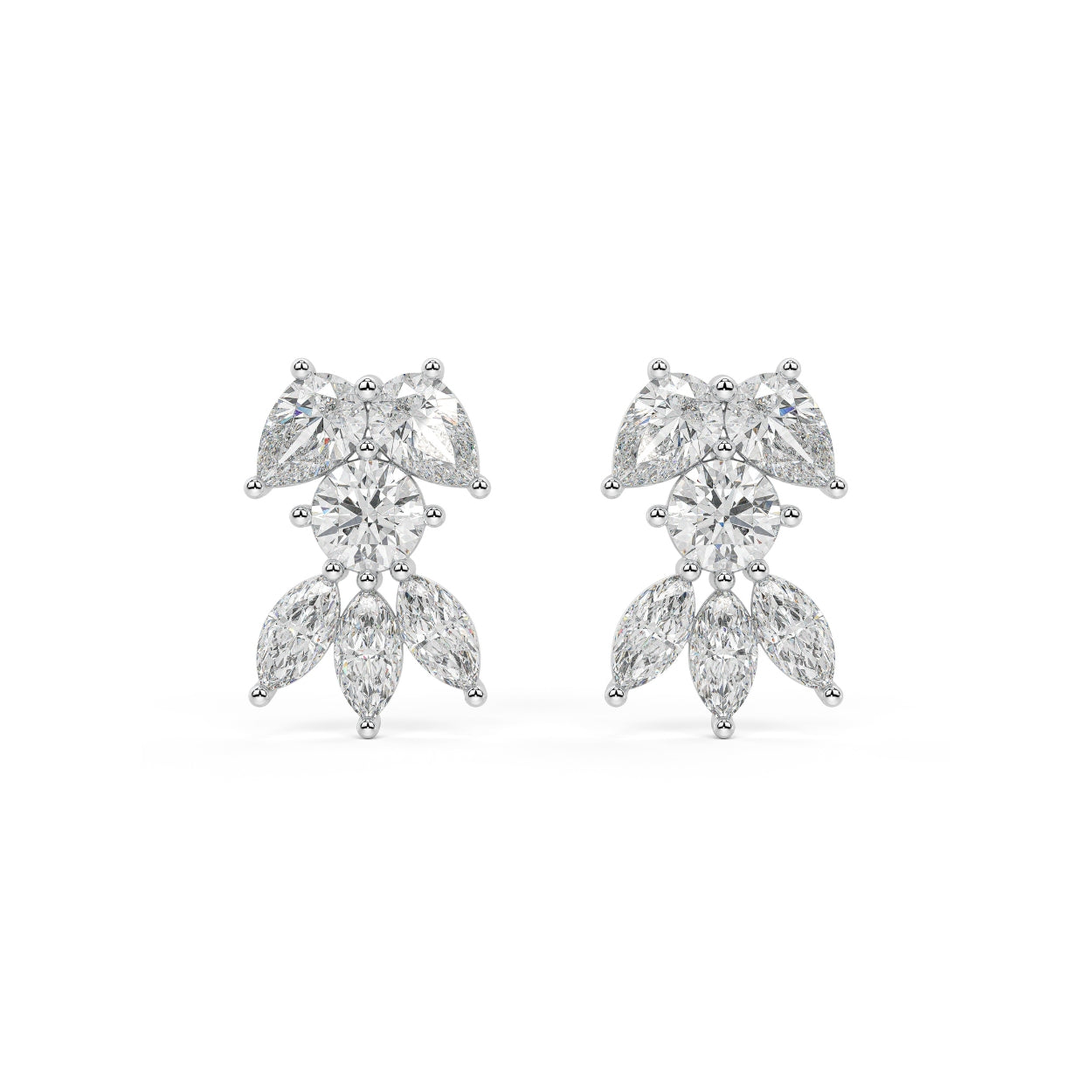 White gold pear and round diamond cluster stud earrings front view pair, lab grown brilliant floral bow design, elegant white gold diamond earrings