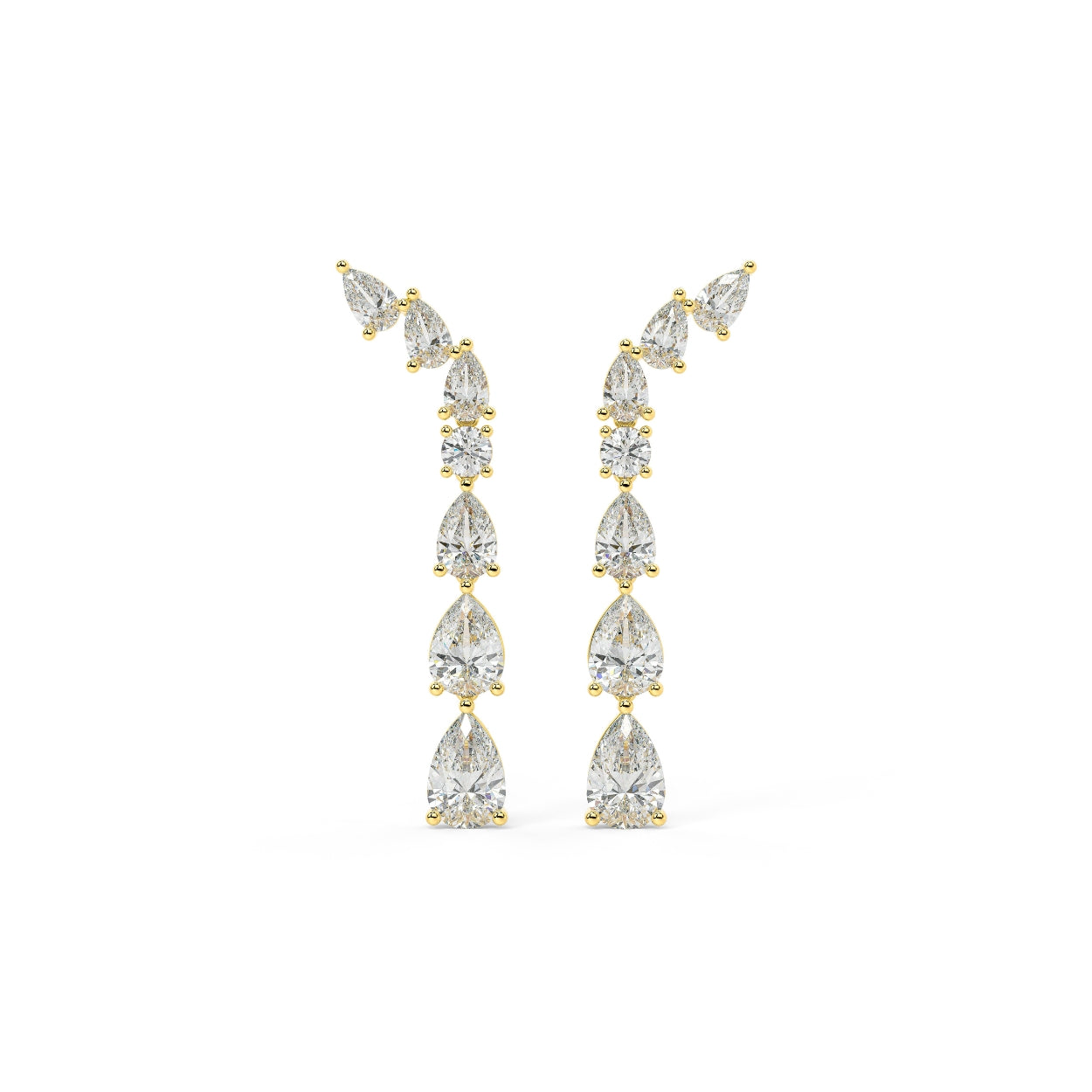 Yellow gold pear and round diamond climber earrings front view pair, lab grown cascading teardrop vine design with sparkling pear drops, luxury women's diamond drop jewelry