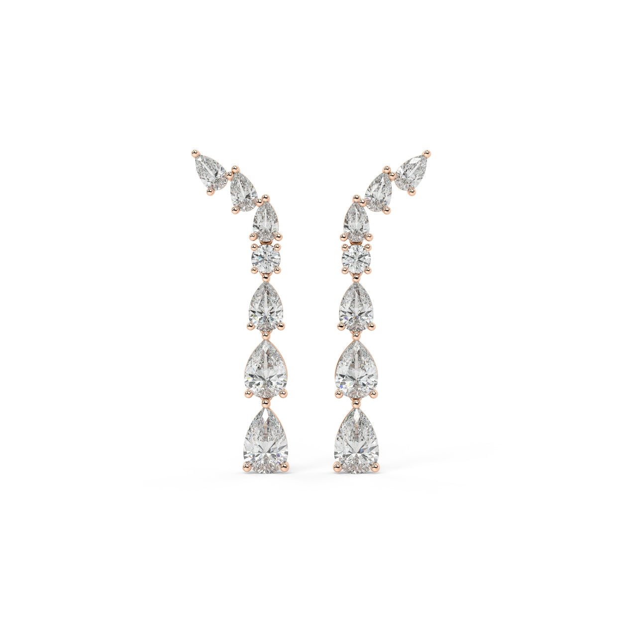 Rose gold pear and round diamond climber earrings front view pair, lab grown teardrop cascading linear drop design, romantic rose gold diamond vine earrings