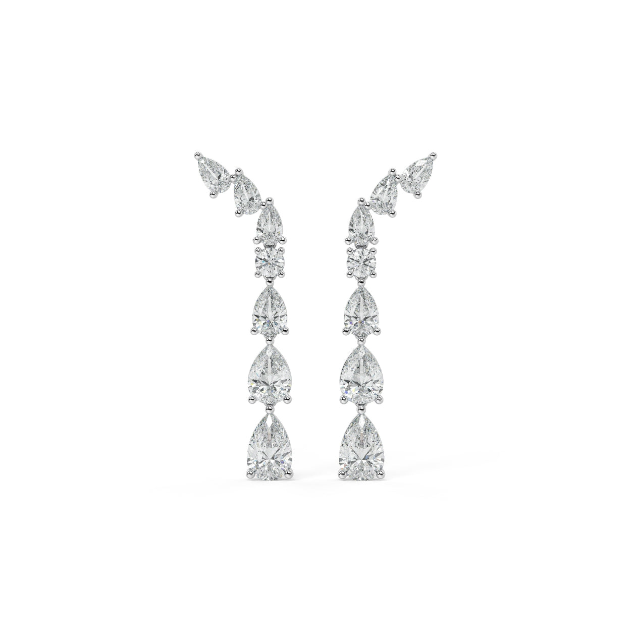 White gold pear and round diamond climber earrings front view pair, lab grown brilliant cascading teardrop vine design, elegant white gold diamond drop earrings