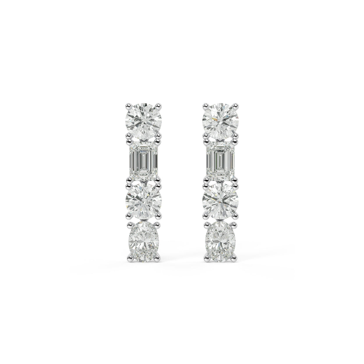White gold multi-cut diamond linear stud earrings front view pair, lab grown brilliant emerald oval cluster vertical bar, elegant white gold diamond drop earrings