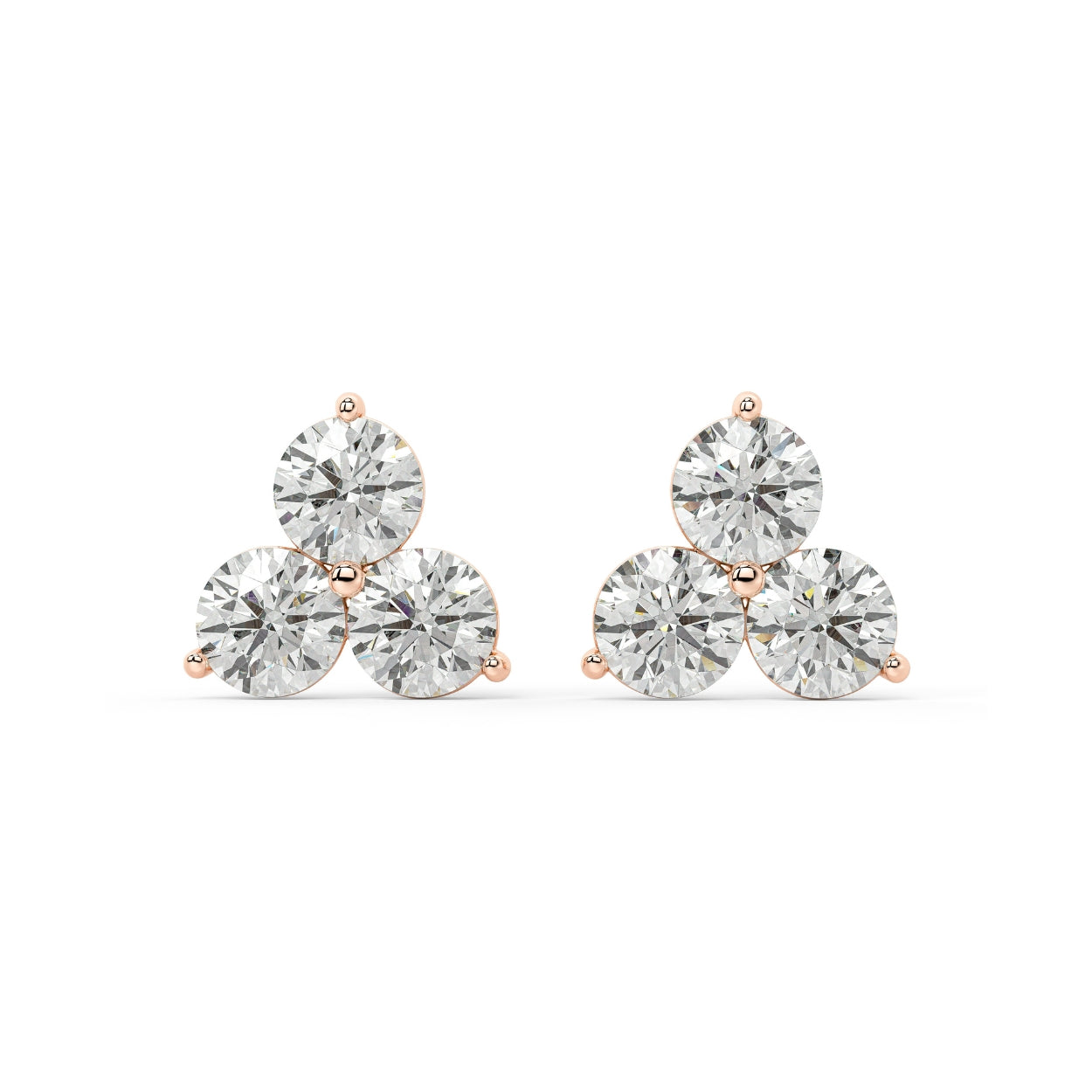 Front pair of rose gold Trinity Studs lab grown diamond earrings, timeless aesthetic with three matched stones proportional to carat size.