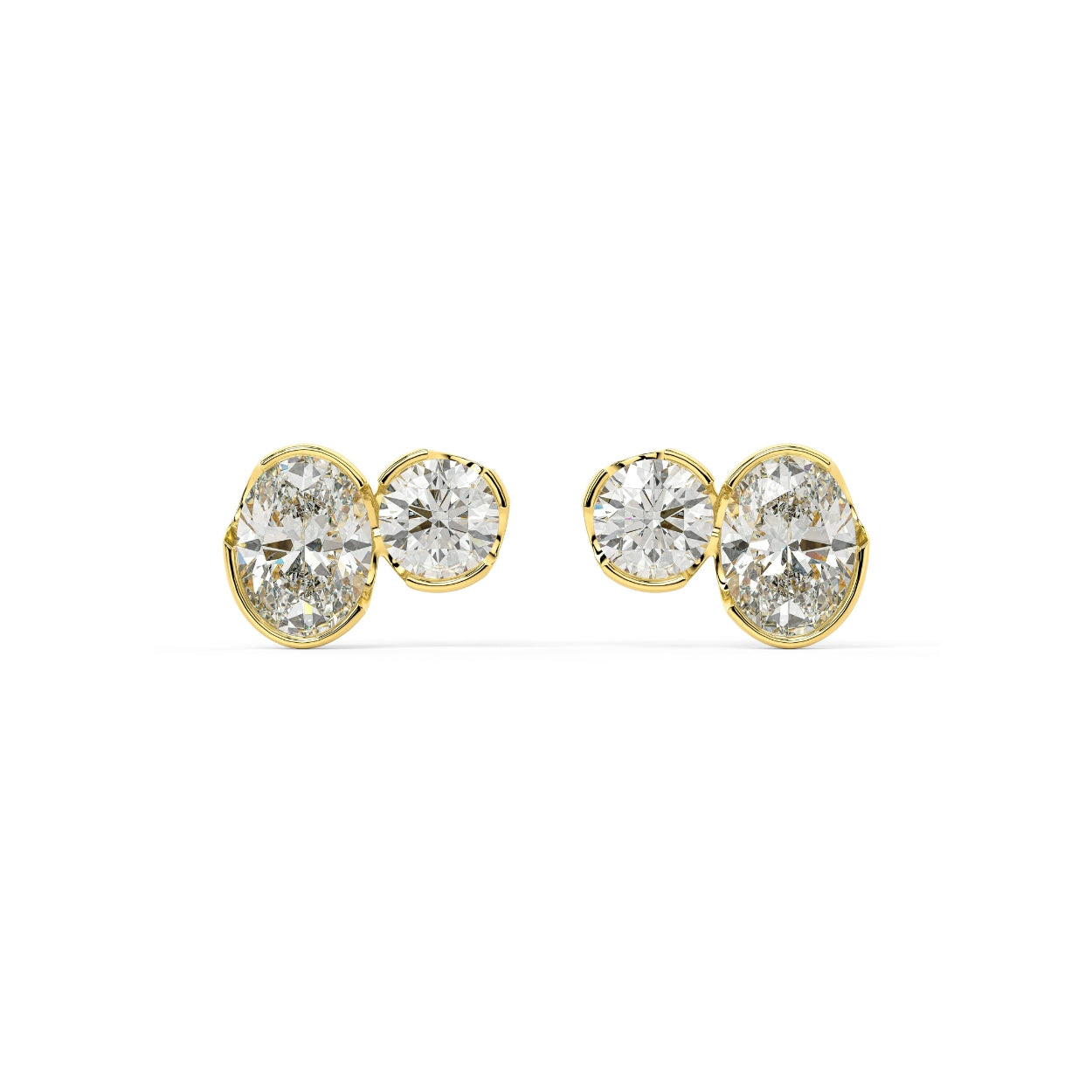 Pair of Sorelle Studs bezel set lab grown double diamond earrings in yellow gold, featuring dual round brilliants for doubled brilliance and a wider footprint of light in a modern, snag-free design.