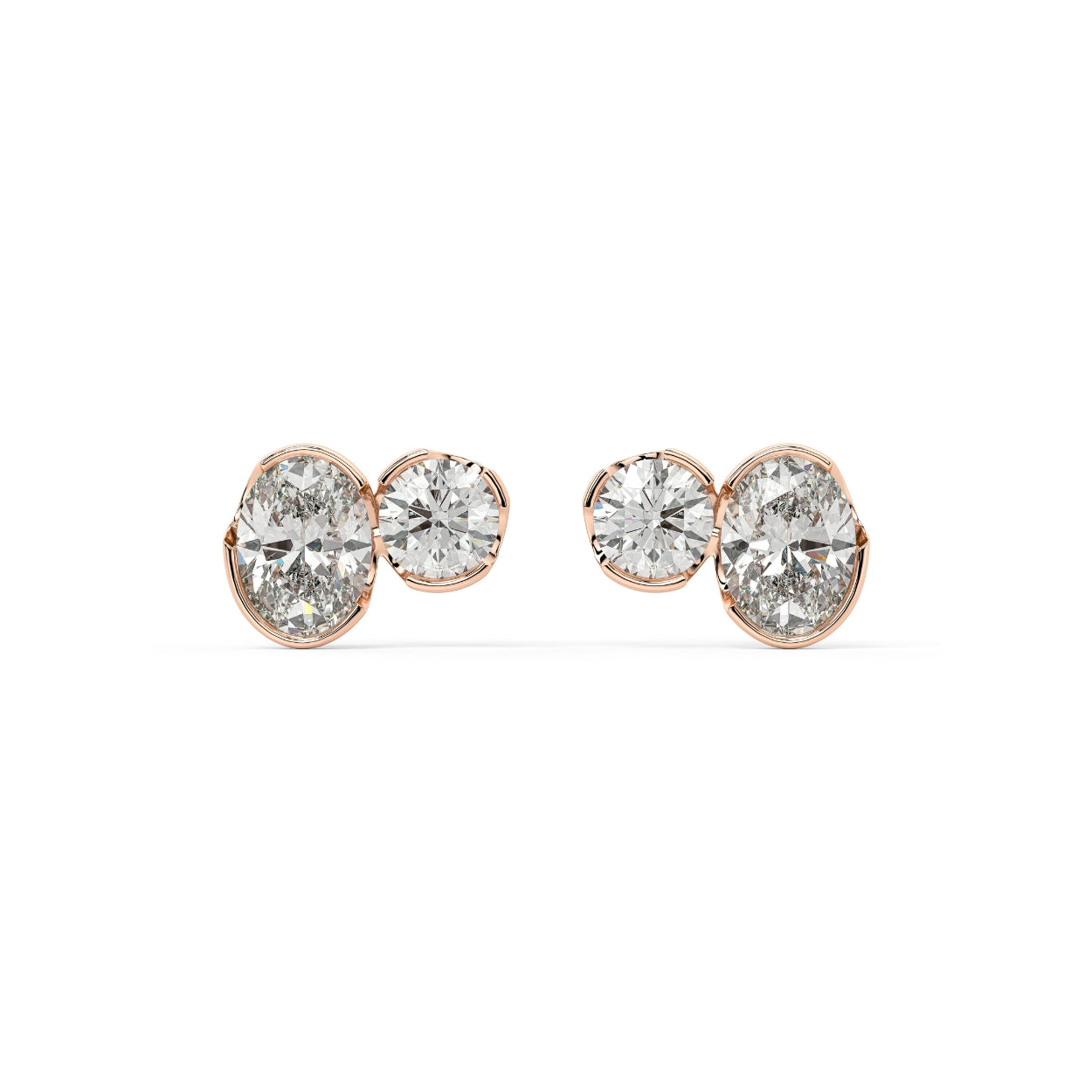 Pair of Sorelle Studs bezel set lab grown double diamond earrings in rose gold, offering twin round brilliants for doubled hassle-free brilliance and modern purpose-driven style.