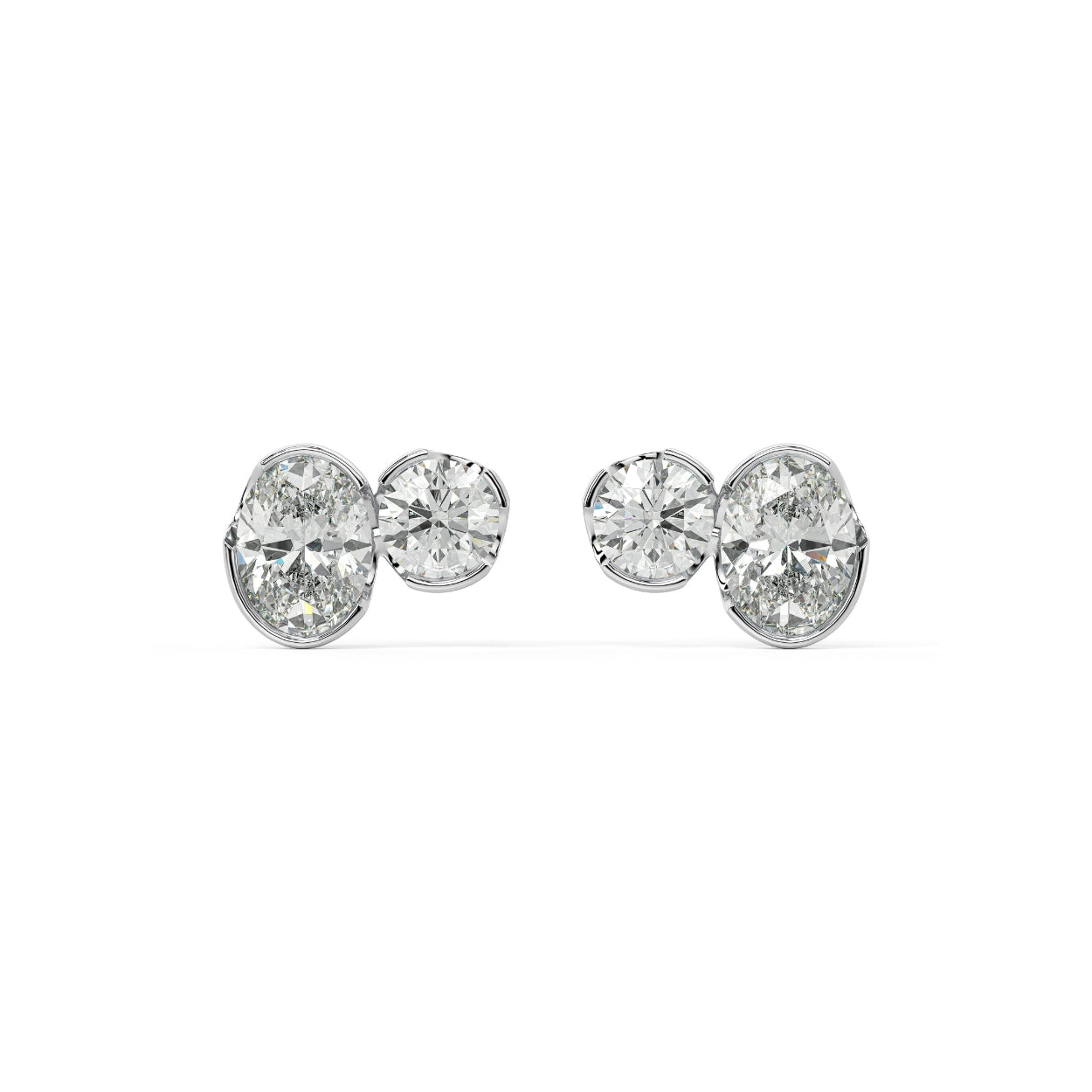 Pair of Sorelle Studs bezel set lab grown double diamond earrings in white gold, with dual round brilliants creating standout presence and versatile stacking for clean sophistication.
