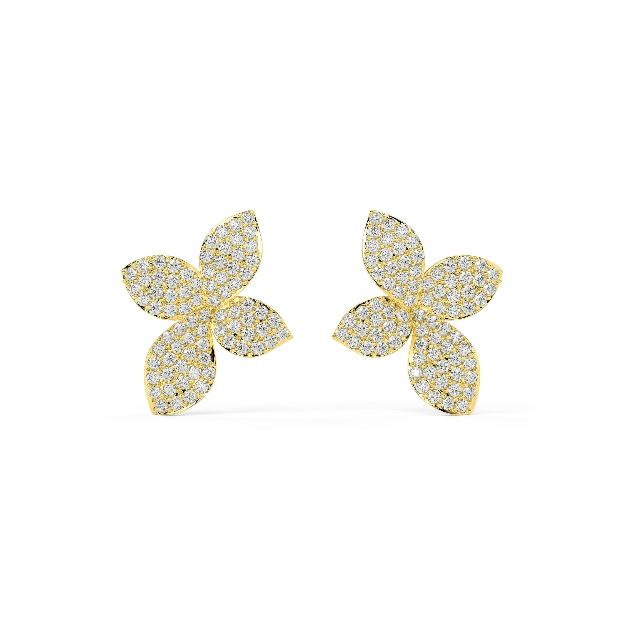 Pair of Aalaya Pave 2.88 CTW lab-grown diamond floral stud earrings in yellow gold, showcasing 156 pave-set rounds in a refined multi-petal design for subtle sparkle and quiet luxury.