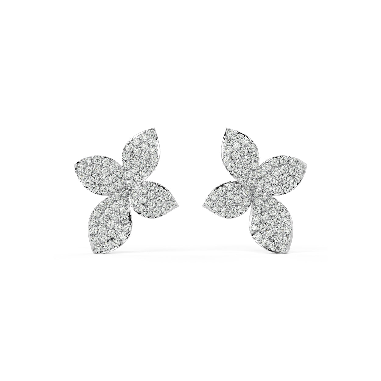 Pair of Aalaya Pave 2.88 CTW lab-grown diamond floral stud earrings in white gold, featuring 156 pave-set rounds in a refined design for soft brilliance and radiant lasting moments.